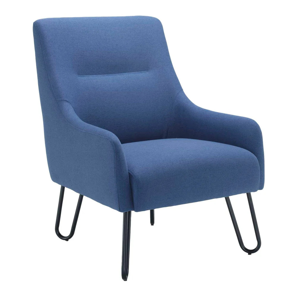 Blue armchair with black hairpin legs on a white background