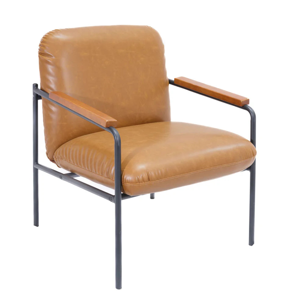 Brown leather armchair with black frame and brown arm pads on a white background