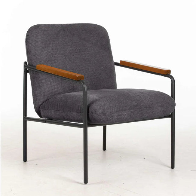Grey armchair with black frame and brown arm pads on a white background