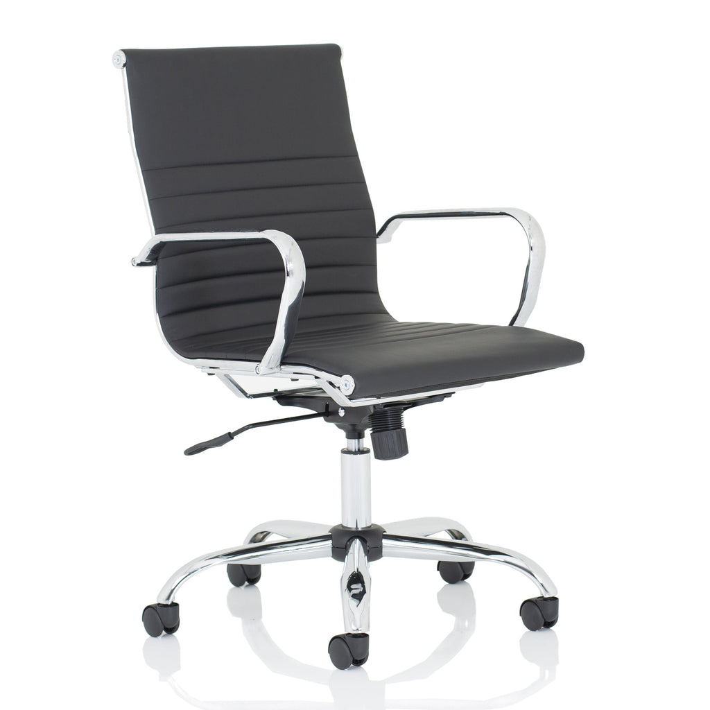 Black office chair with chrome frame on a white background