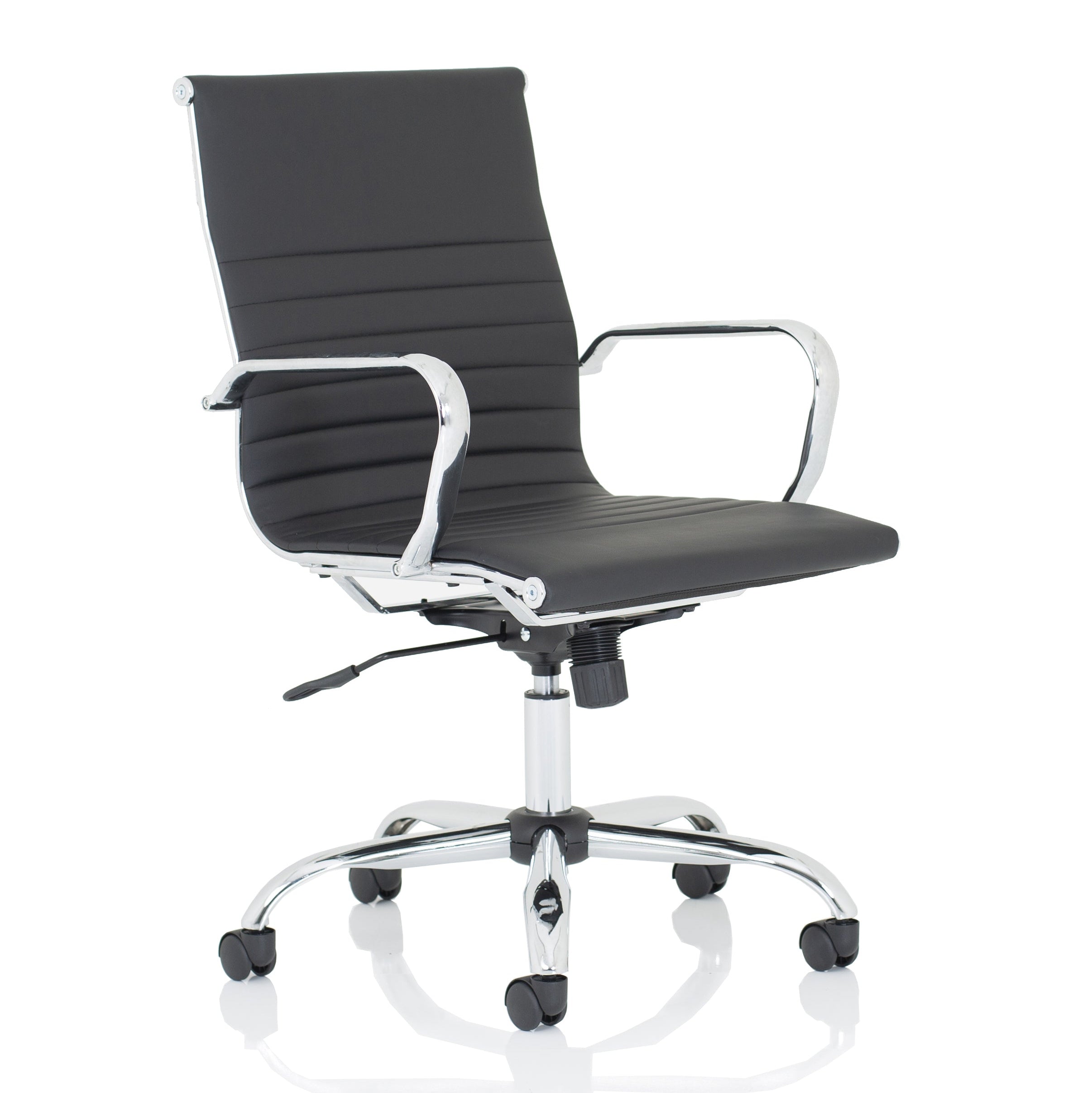 Black office chair with chrome frame on a white background