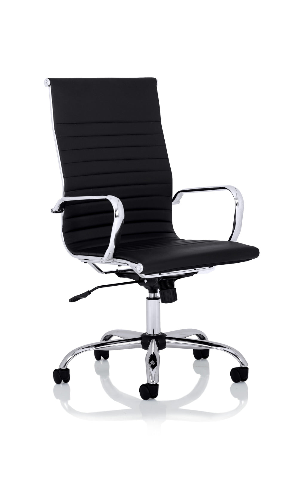 Black high back office chair with chrome accents on a white background
