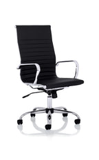 Black high back office chair with chrome accents on a white background