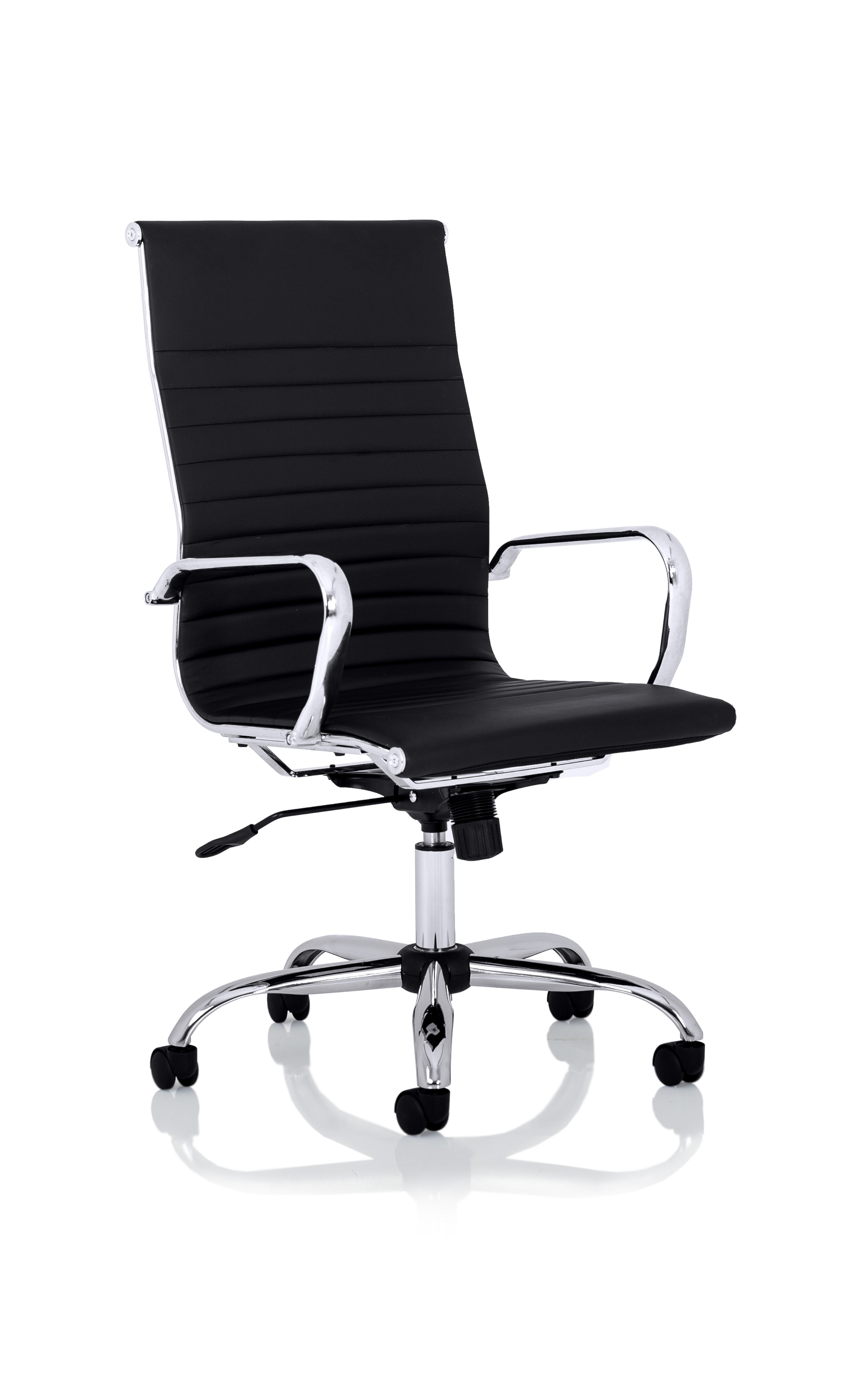 Black high back office chair with chrome accents on a white background