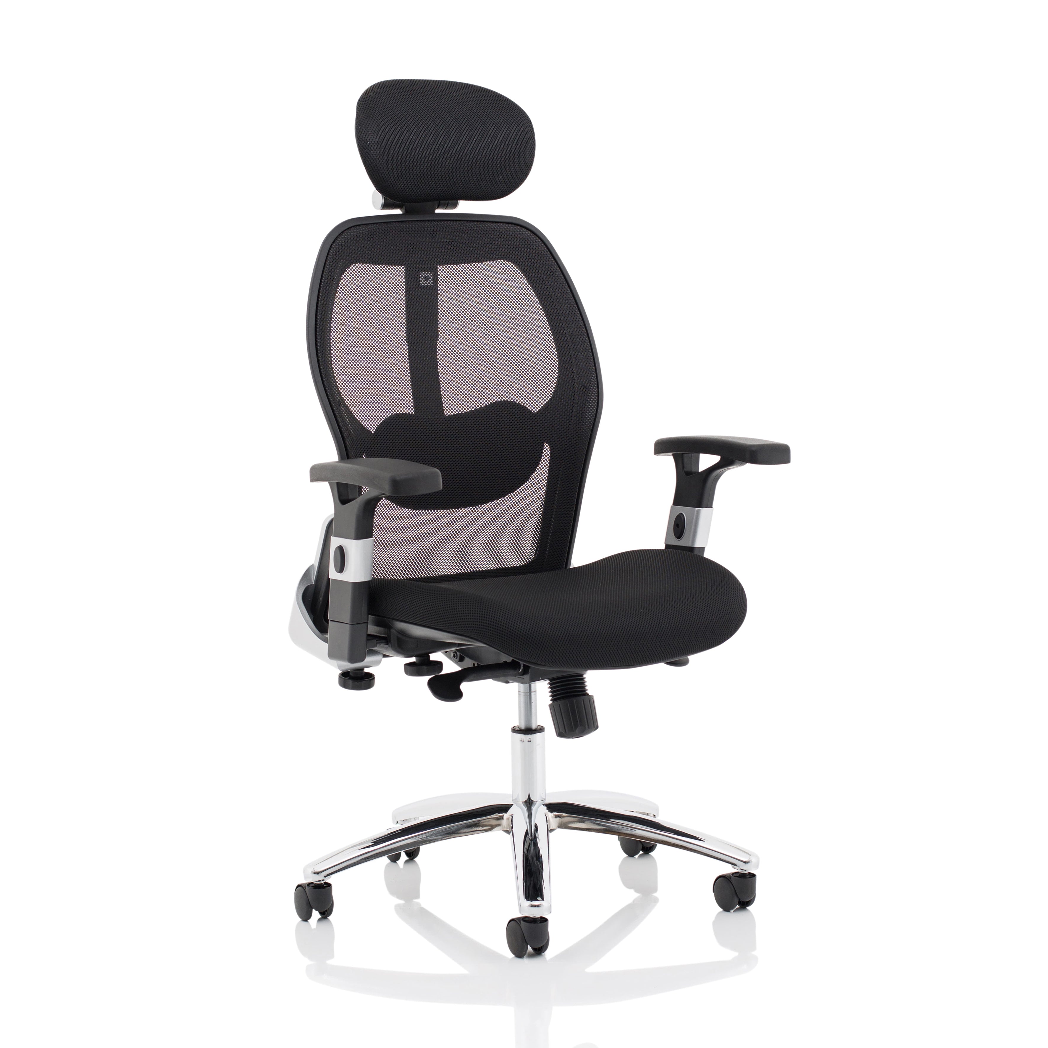 Black office chair with headrest on a white background