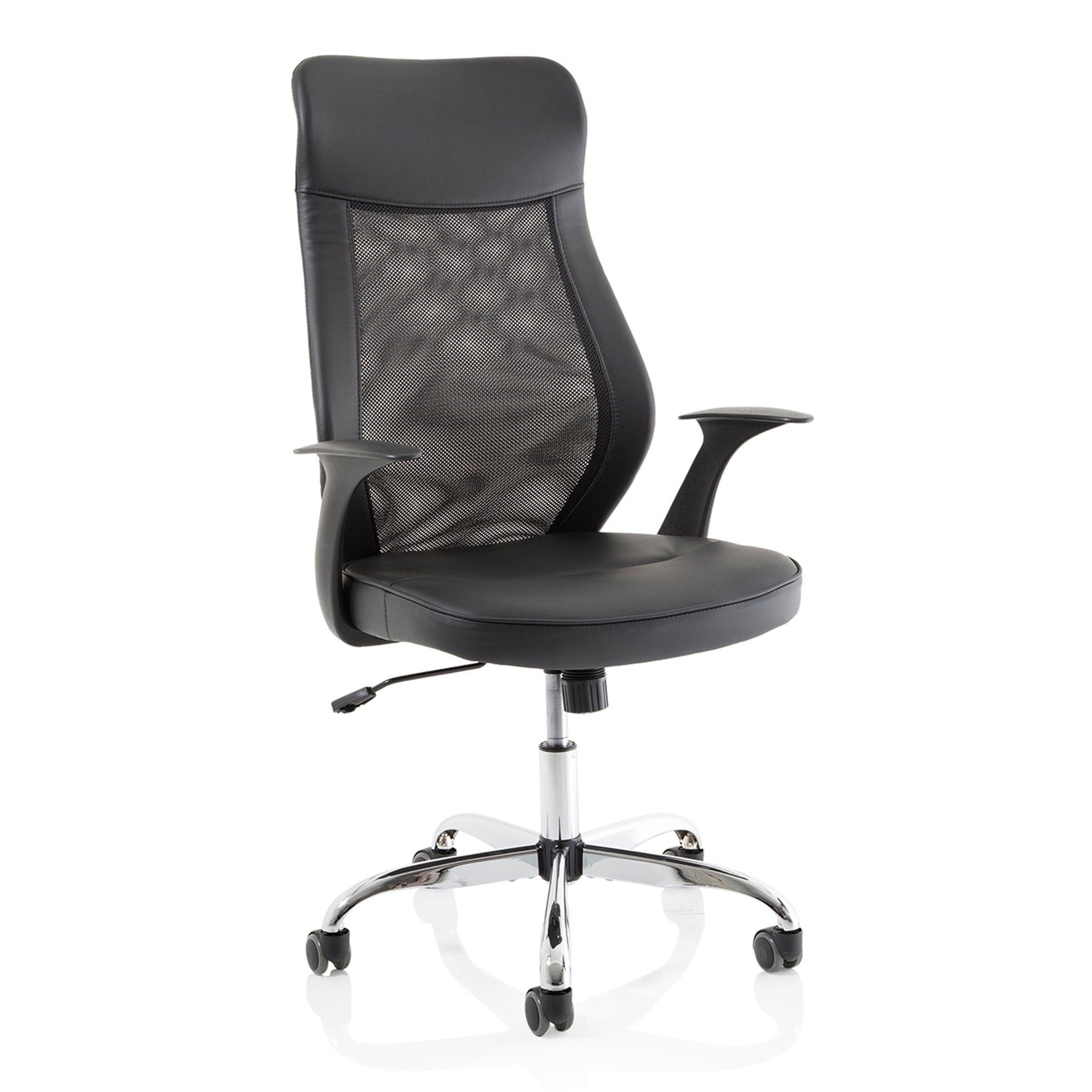 Black office chair with mesh back on a white background