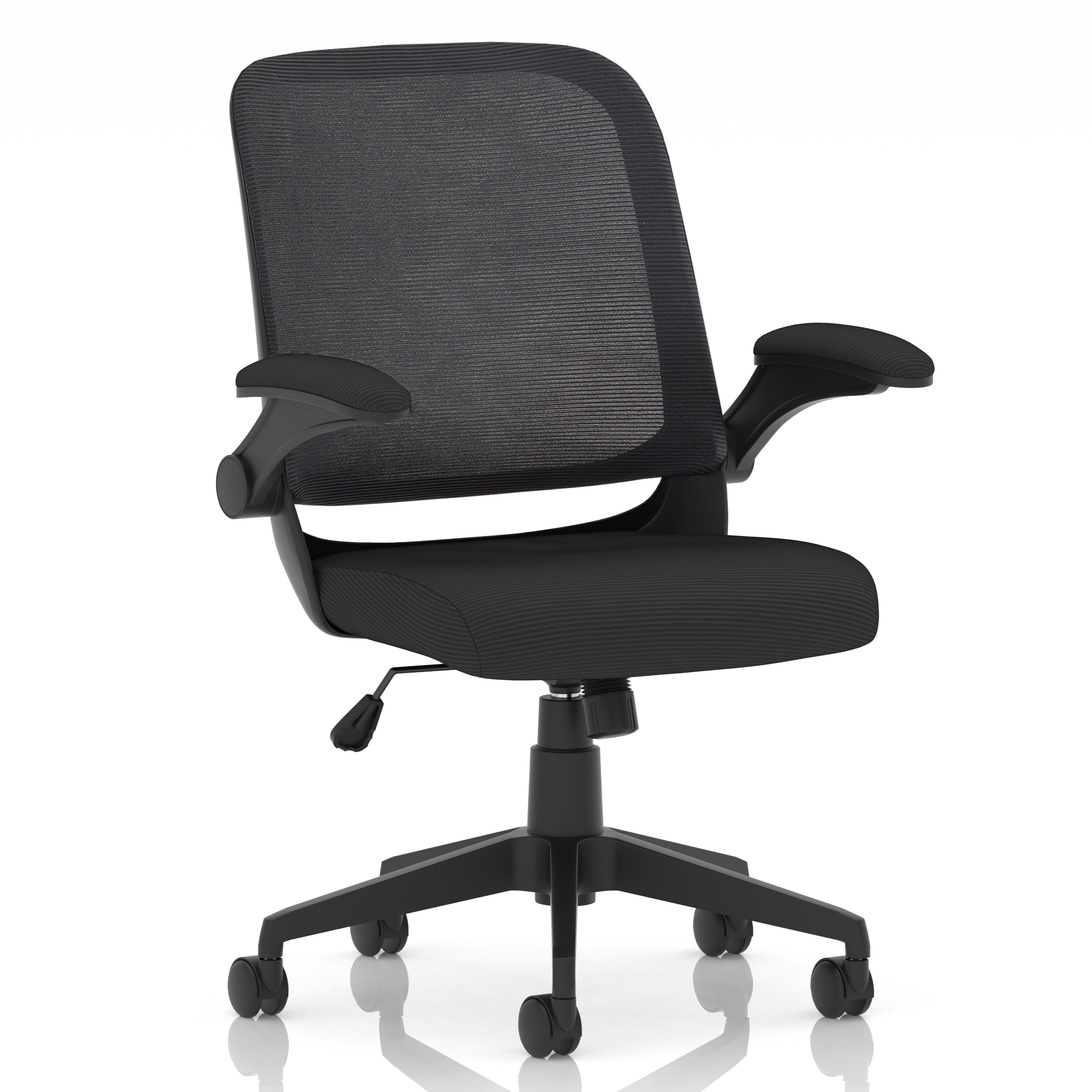 Black office chair with mesh back on a white background