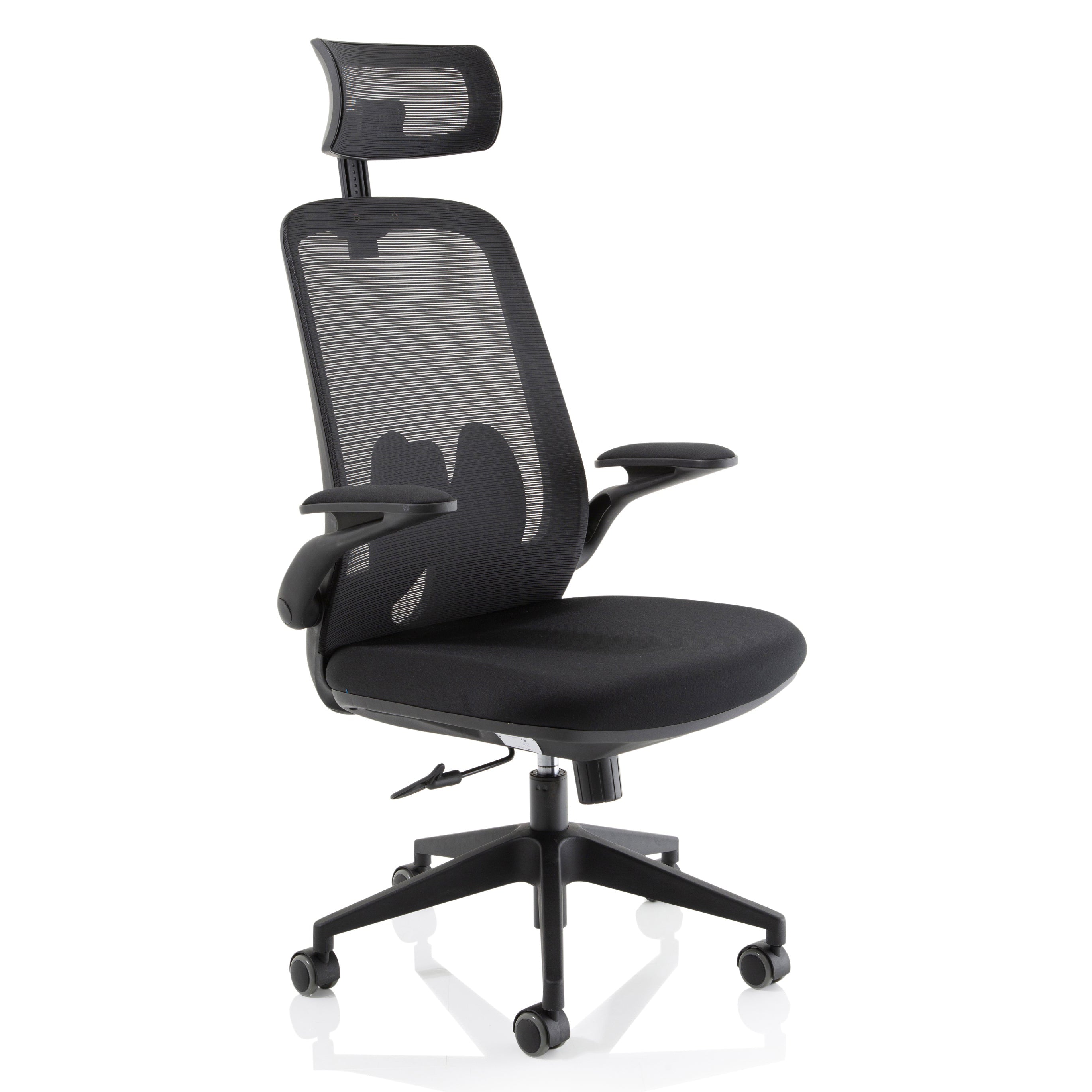 Black office chair with headrest on a white background