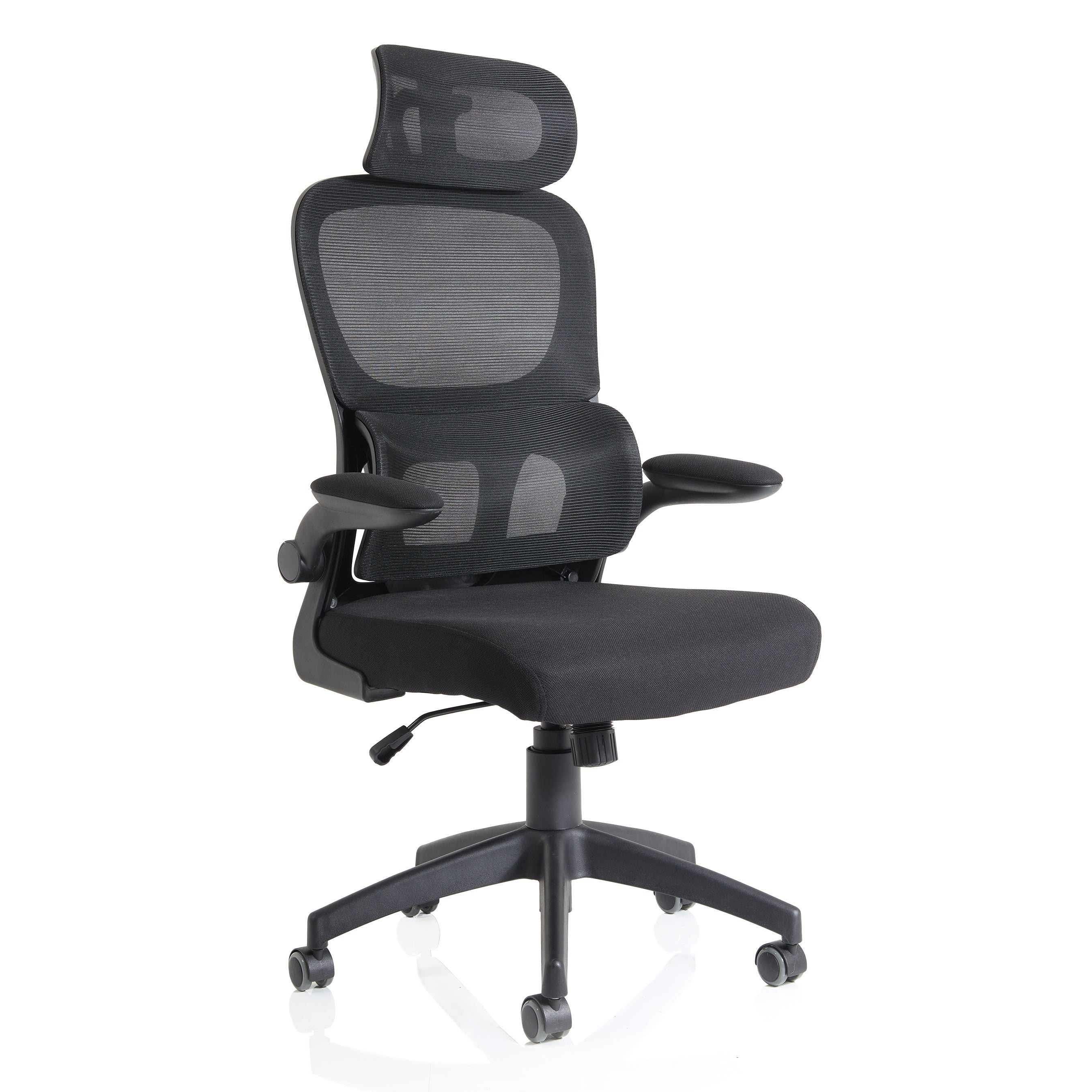 Black office chair with mesh back and armrests on a white background