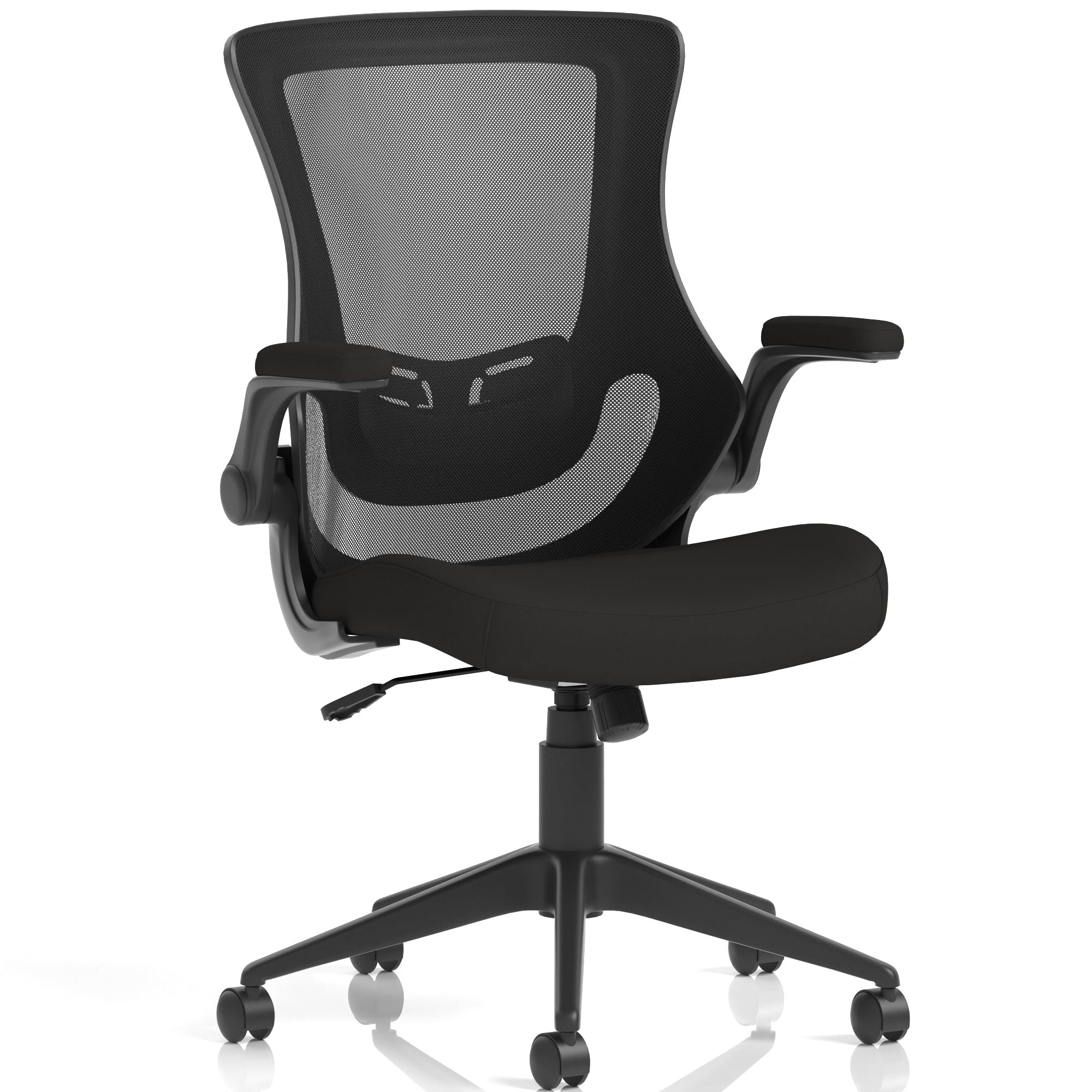 Black office chair with mesh back on a white background
