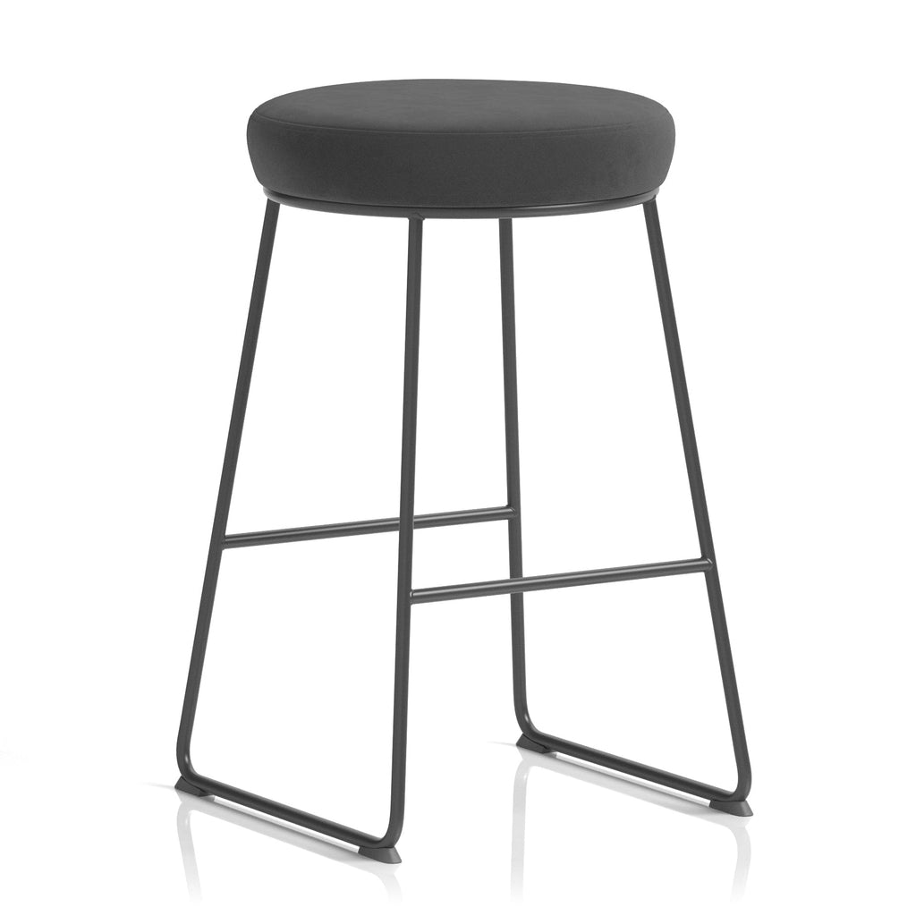 Black stool with a cushioned seat on a white background