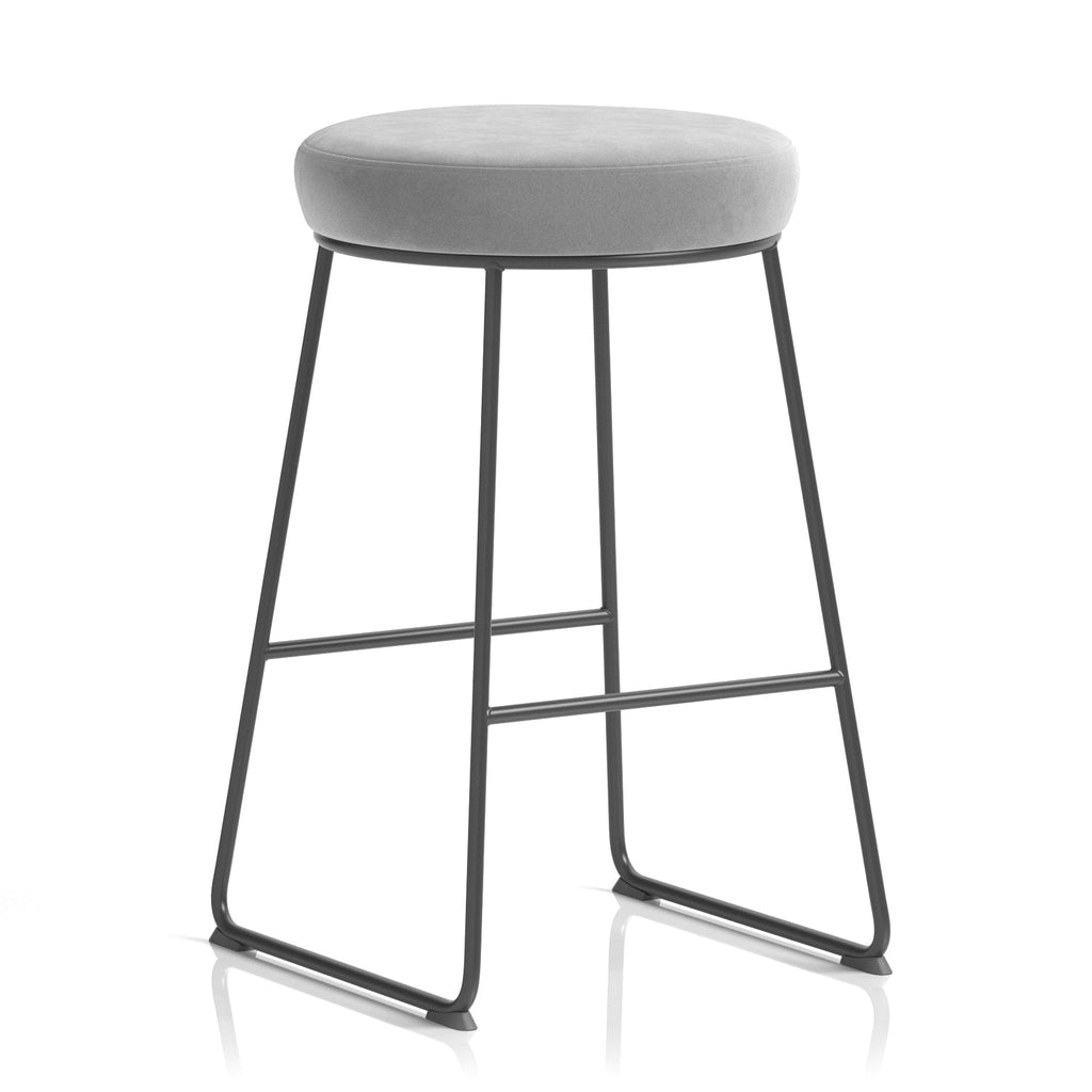 Stool with grey cushioned seat and black metal frame on a white background
