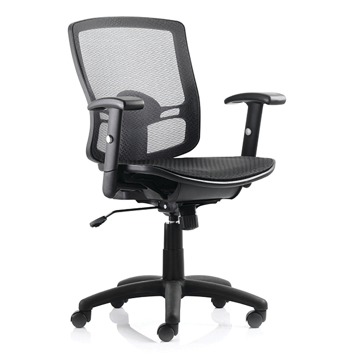 Black mesh chair with adjustable arms on a white background