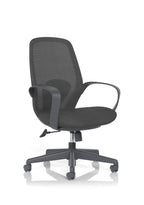 Black office chair with mesh backrest on a white background