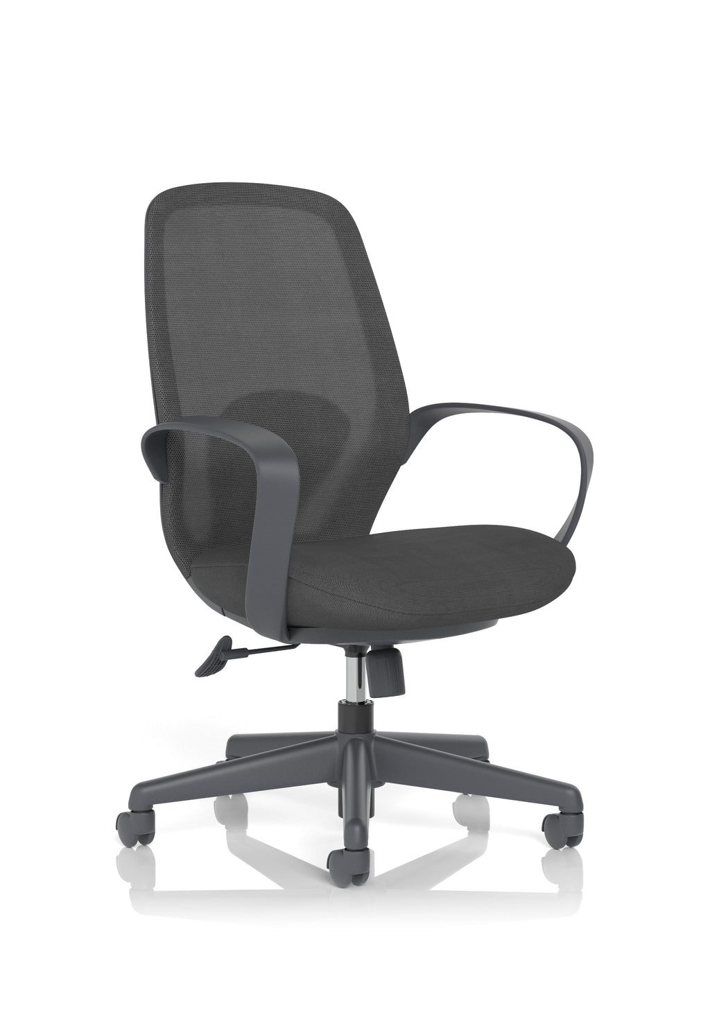 Black office chair with mesh back on a white background