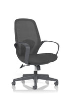 Black office chair with mesh back on a white background