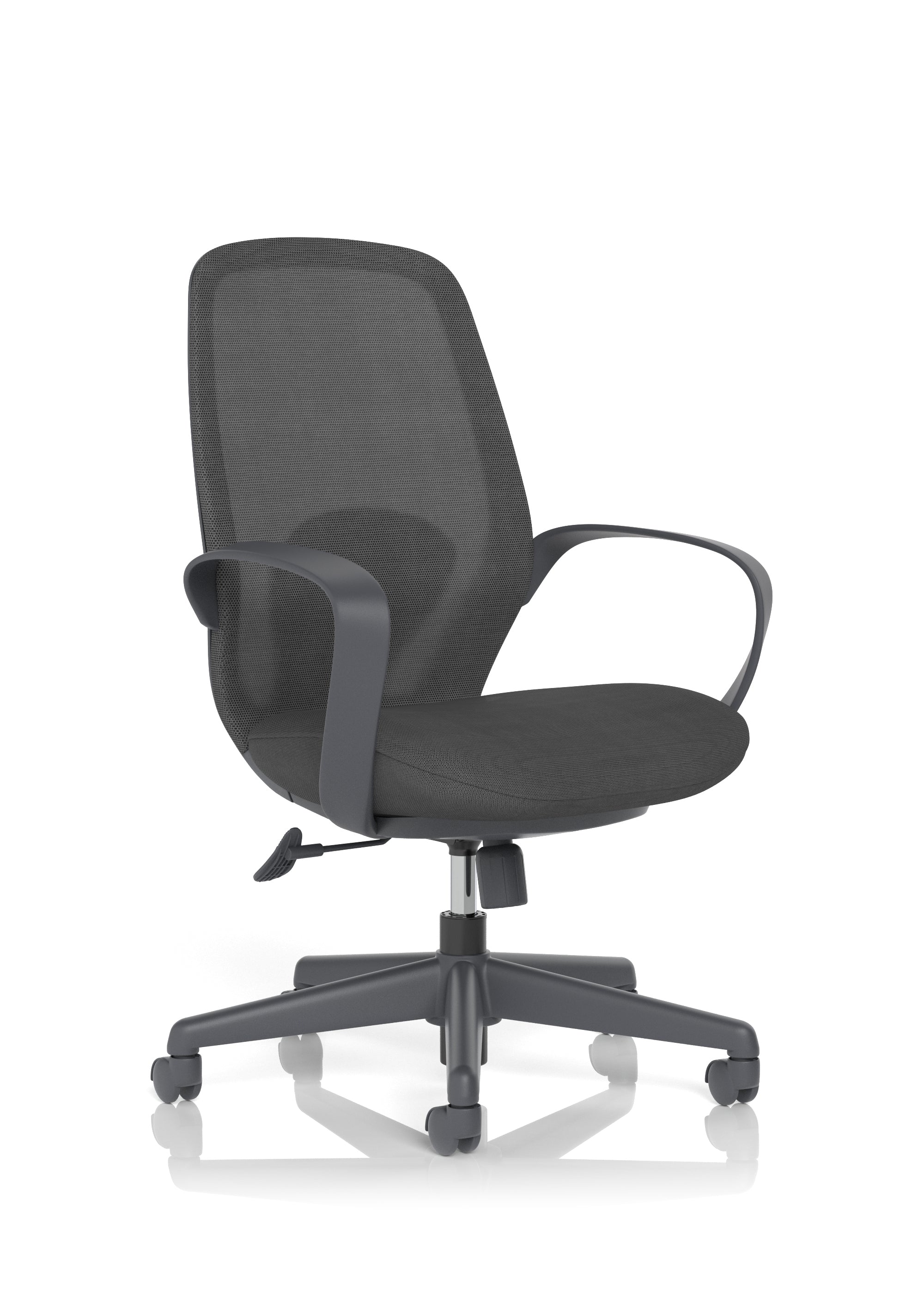 Black office chair with mesh back on a white background