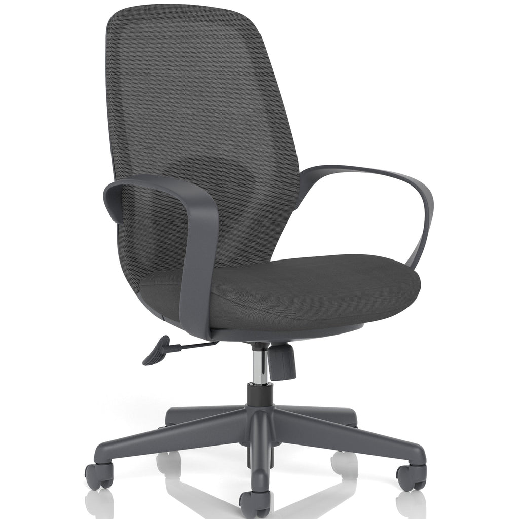 Black office chair with mesh back on a white background