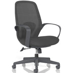 Black office chair with mesh back on a white background