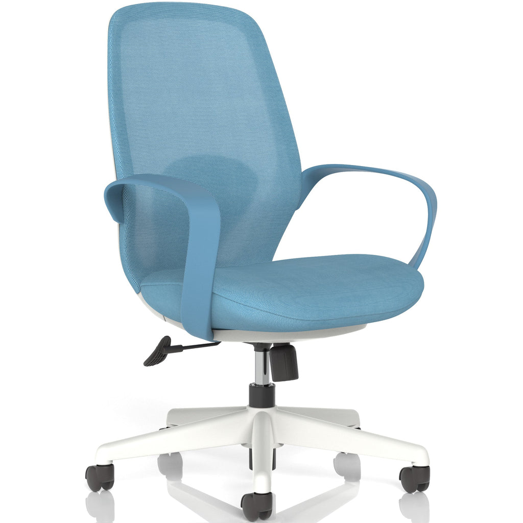 Blue office chair with mesh backrest on a white background