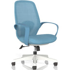Blue office chair with mesh backrest on a white background