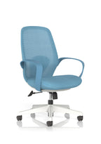 Blue office chair with mesh back and white frame on a white background