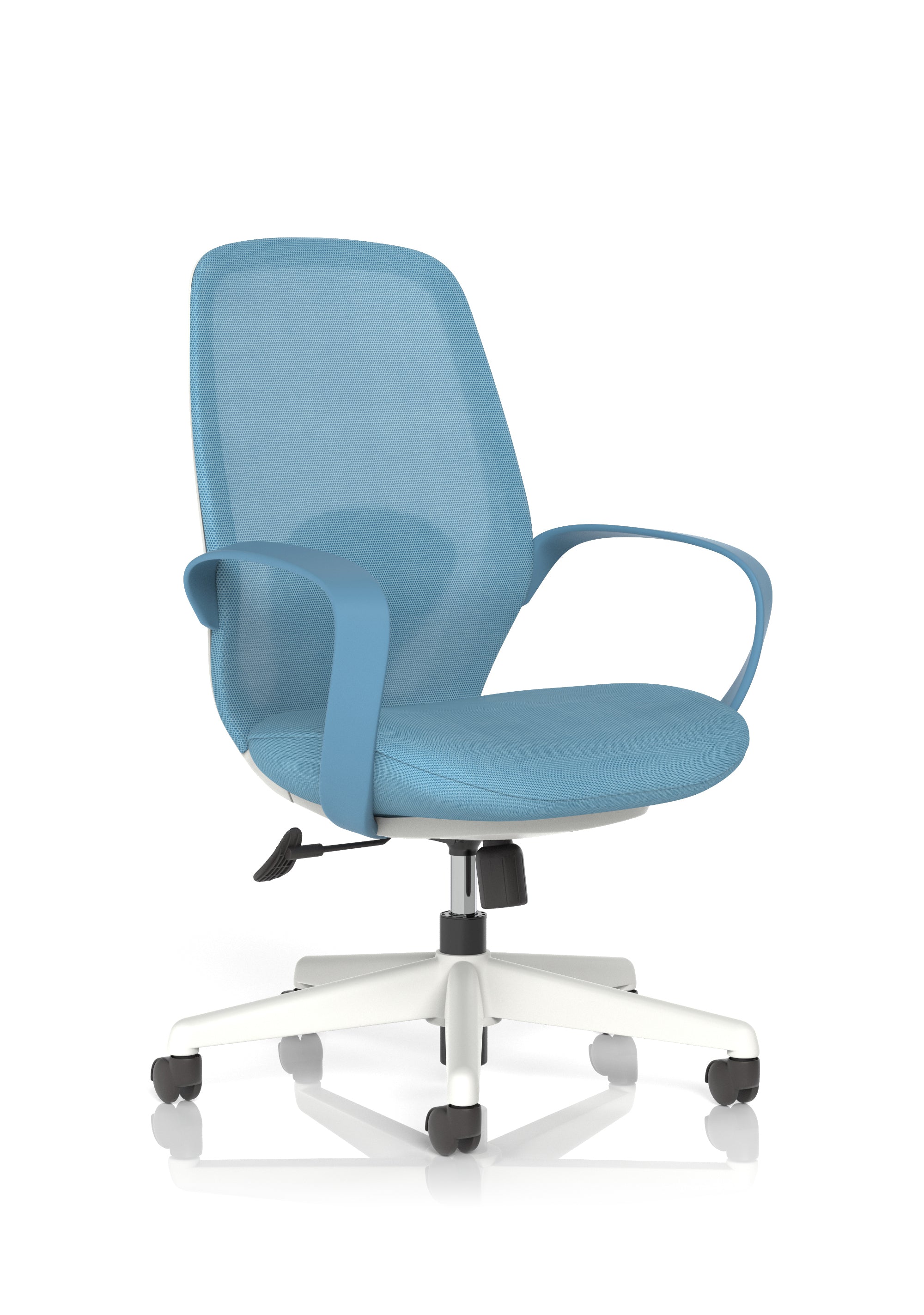 Blue office chair with a white base on a white background