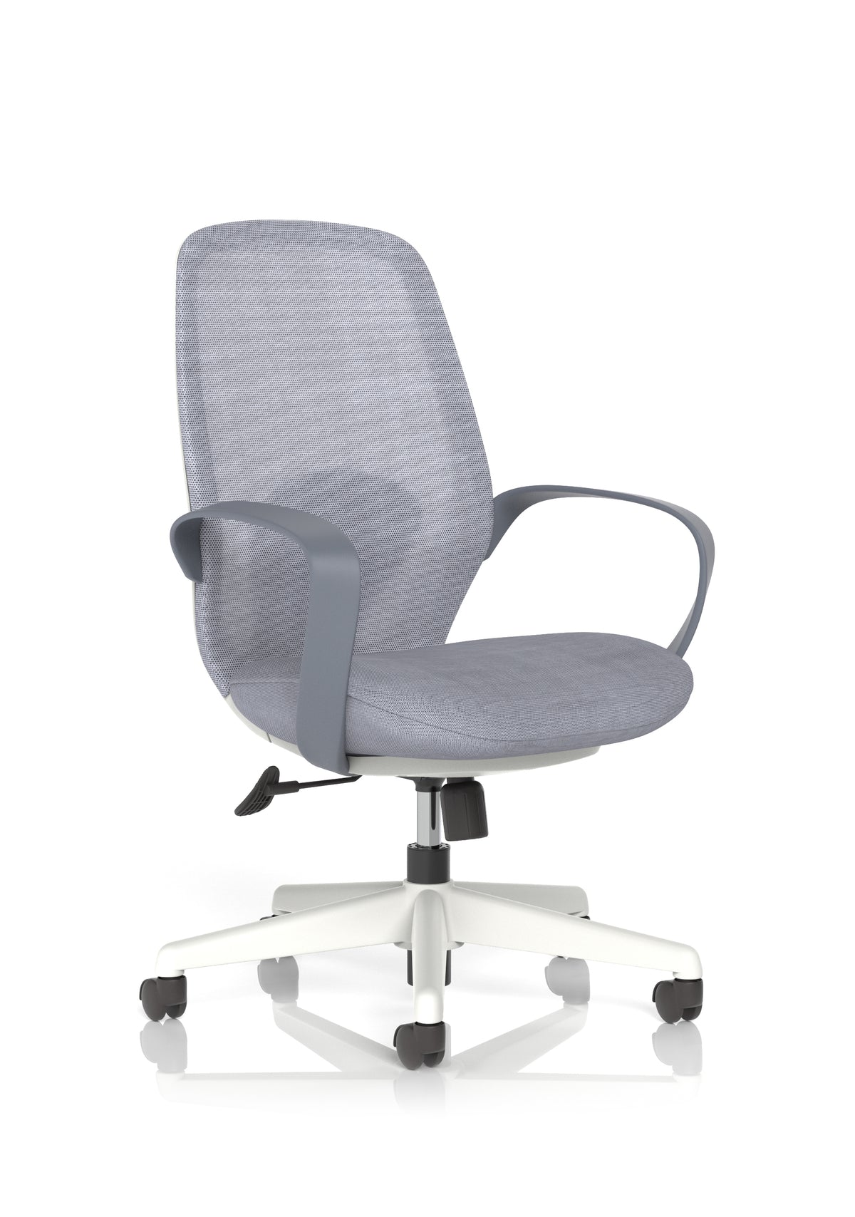 Grey office chair with mesh backrest on a white background