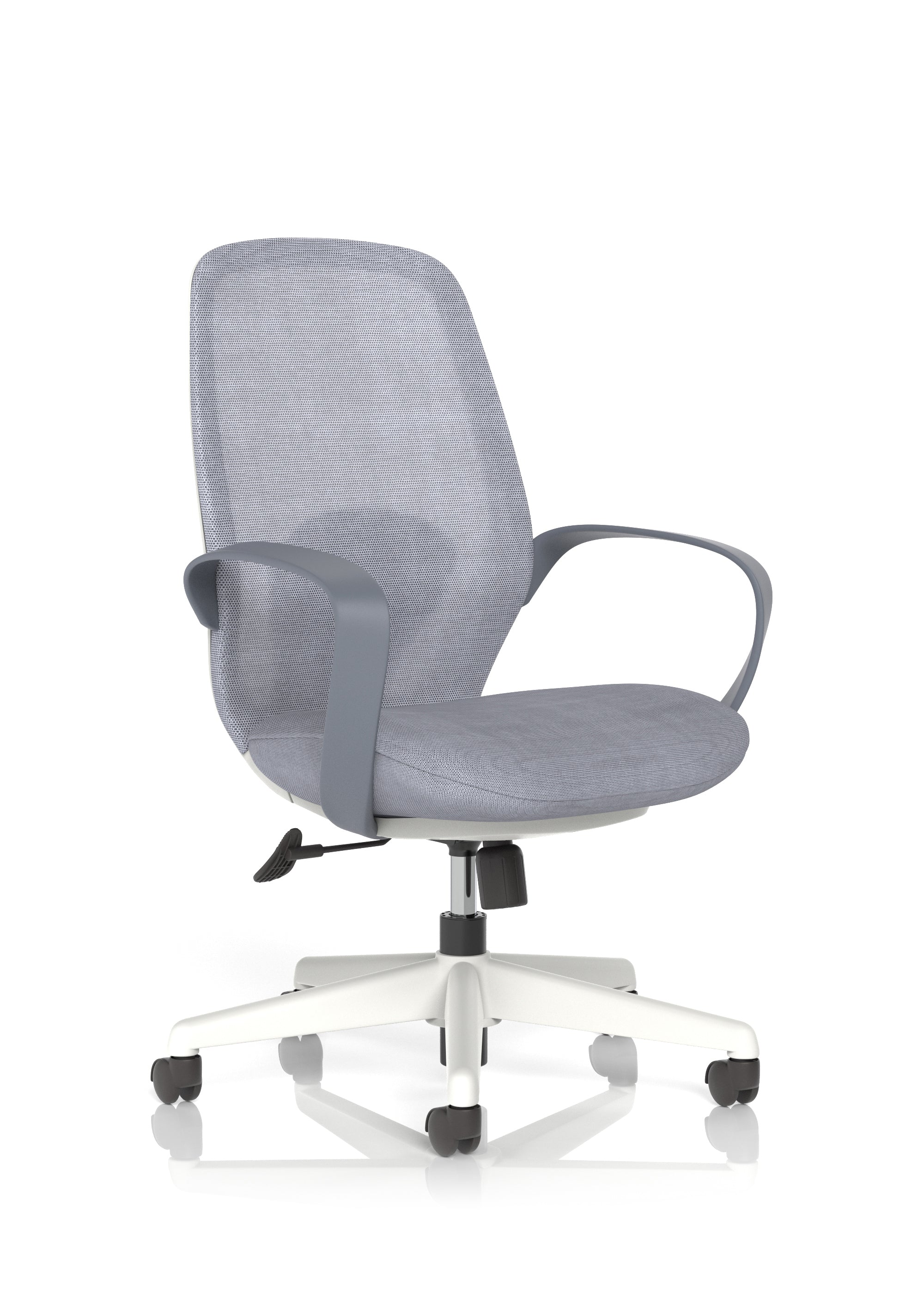 Grey office chair with mesh back and white frame on a white background