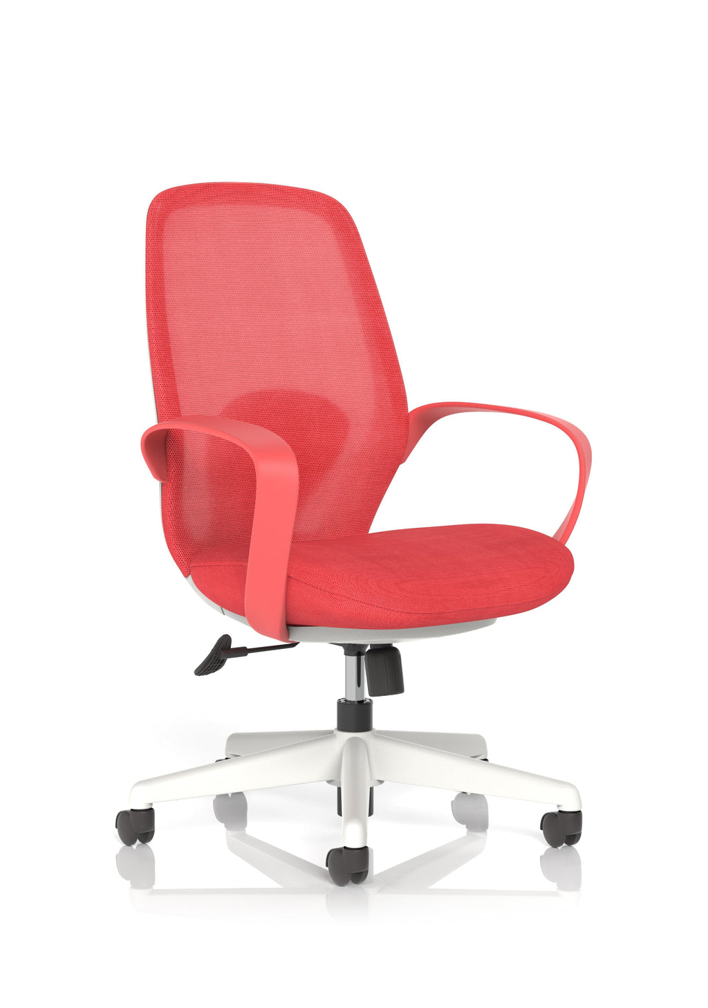 Red office chair with mesh back and white frame on a white background