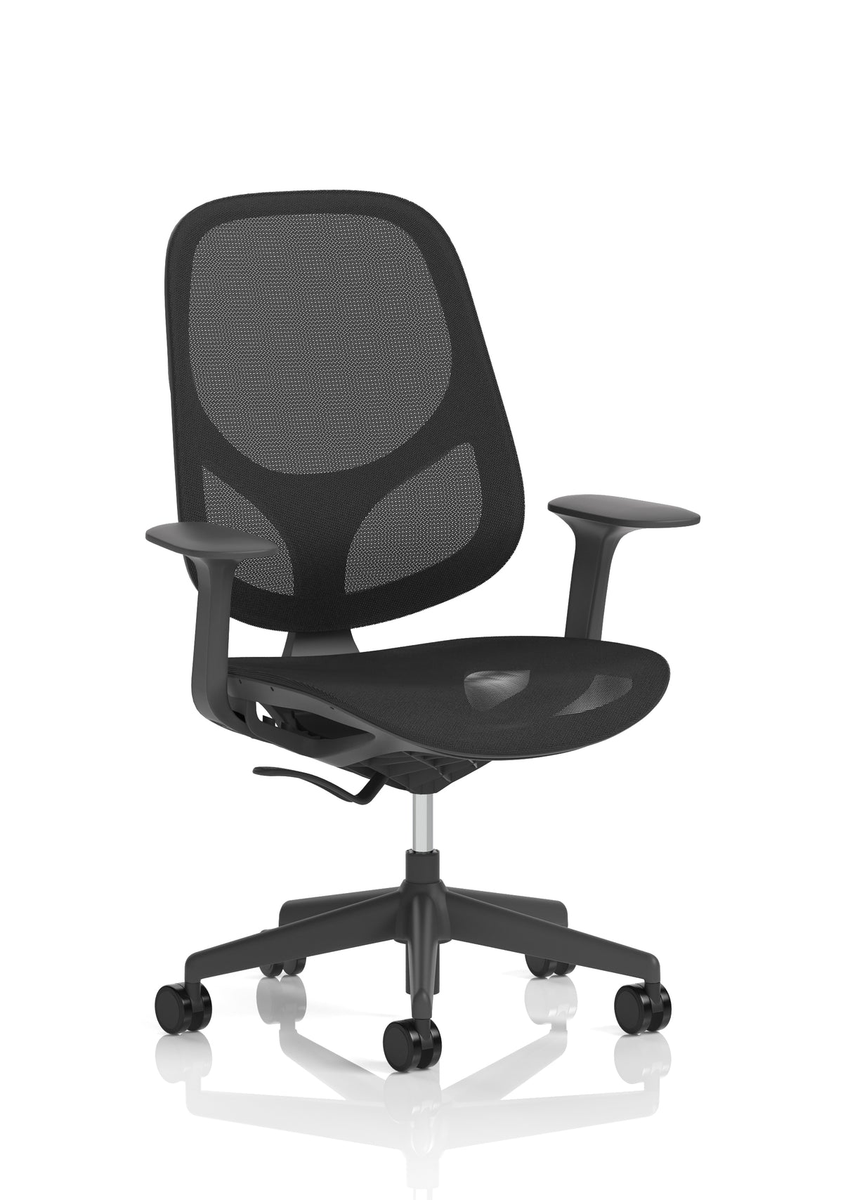 Black office chair with mesh back on a white background