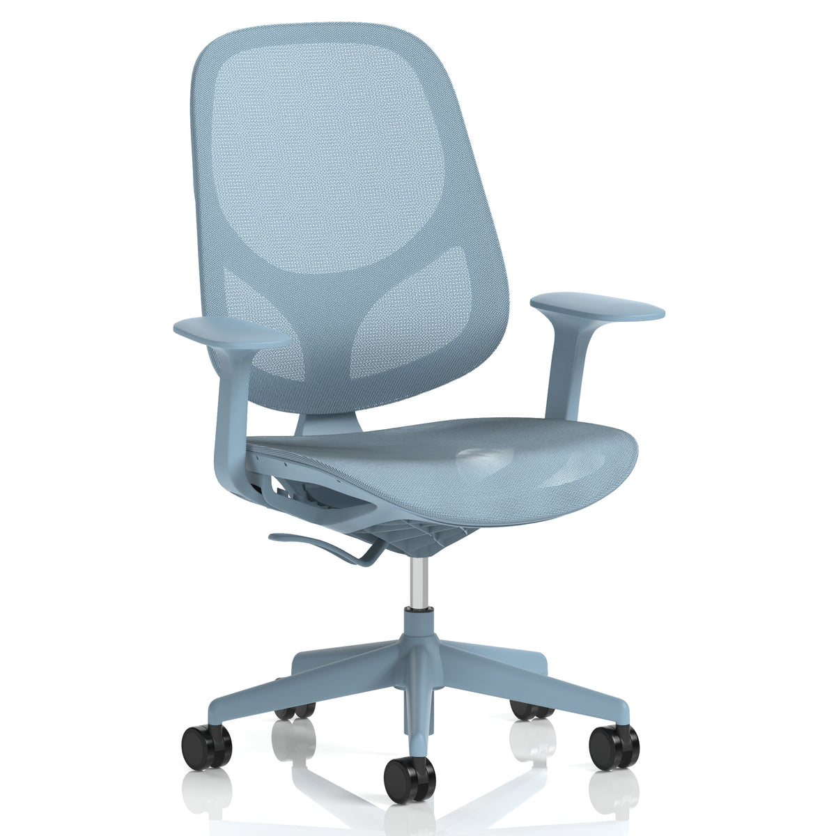 A light blue ergonomic office chair with a mesh back, padded seat, adjustable armrests, and a five-wheel base, shown on a white background with a subtle reflection.