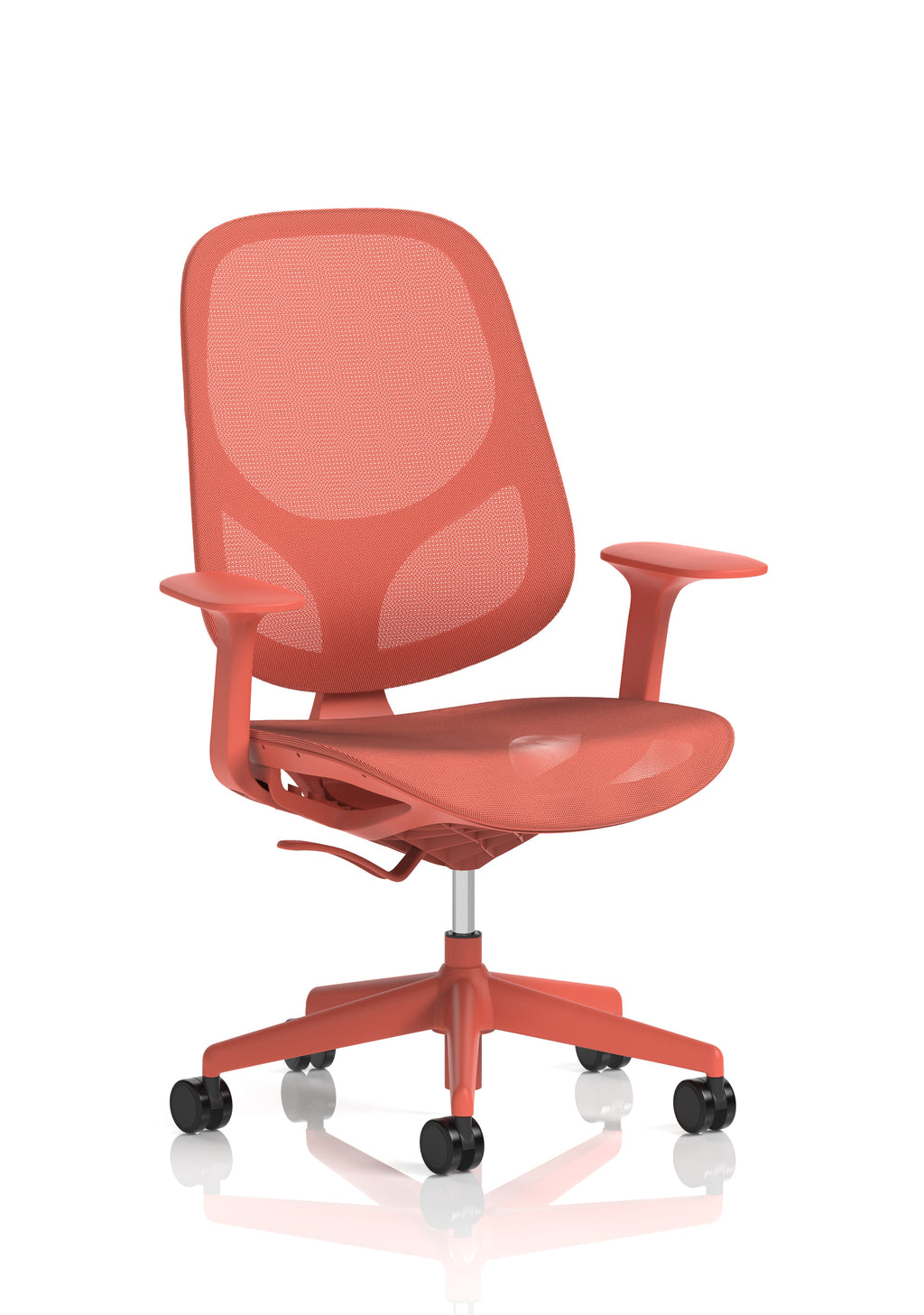 Coral office chair with mesh back on a white background
