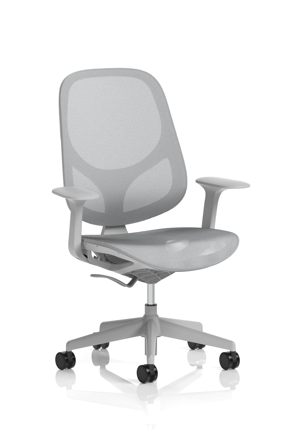 Grey office chair with mesh back on a white background