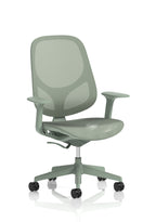 Green office chair with mesh back on a white background