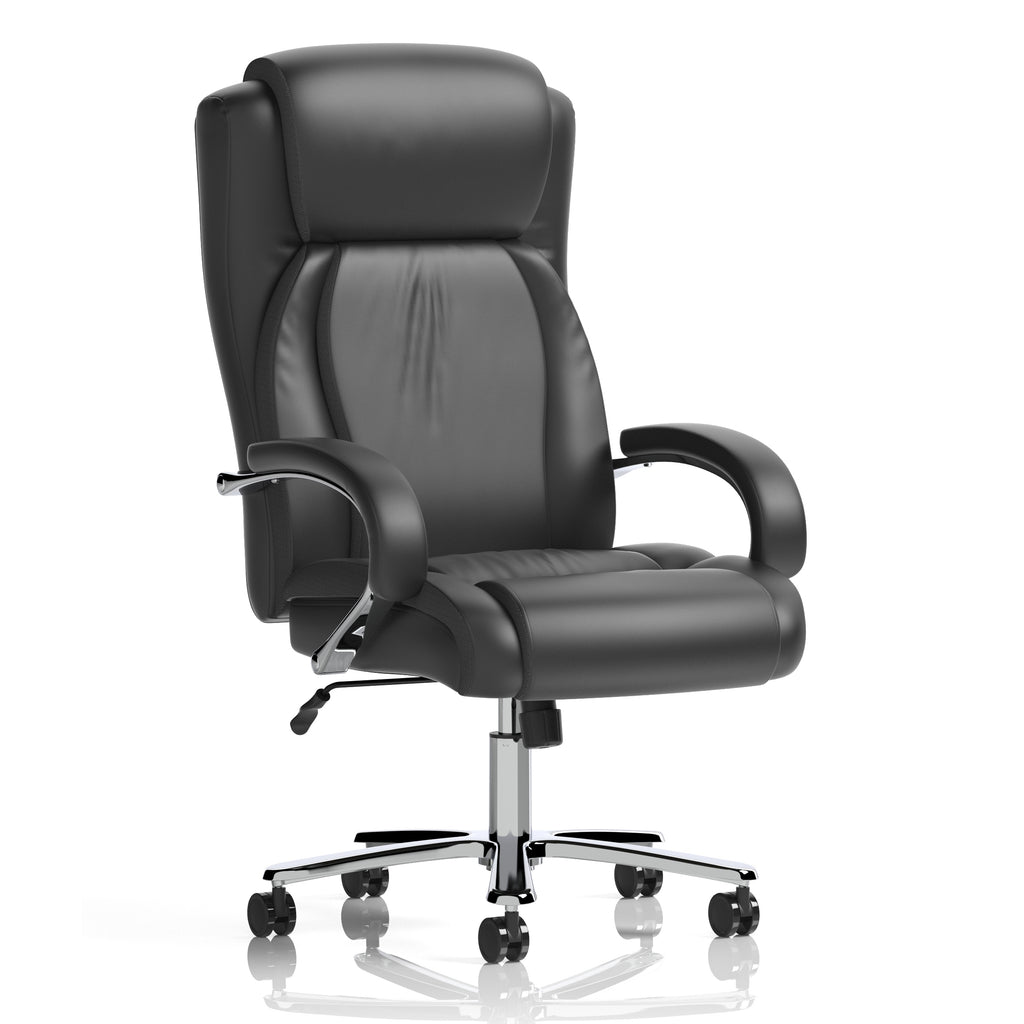 A high-back black faux leather office chair with adjustable armrests, a chrome five-star base, and black caster wheels, shown on a white background with a subtle reflection.
