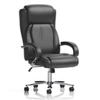 A high-back black faux leather office chair with adjustable armrests, a chrome five-star base, and black caster wheels, shown on a white background with a subtle reflection.