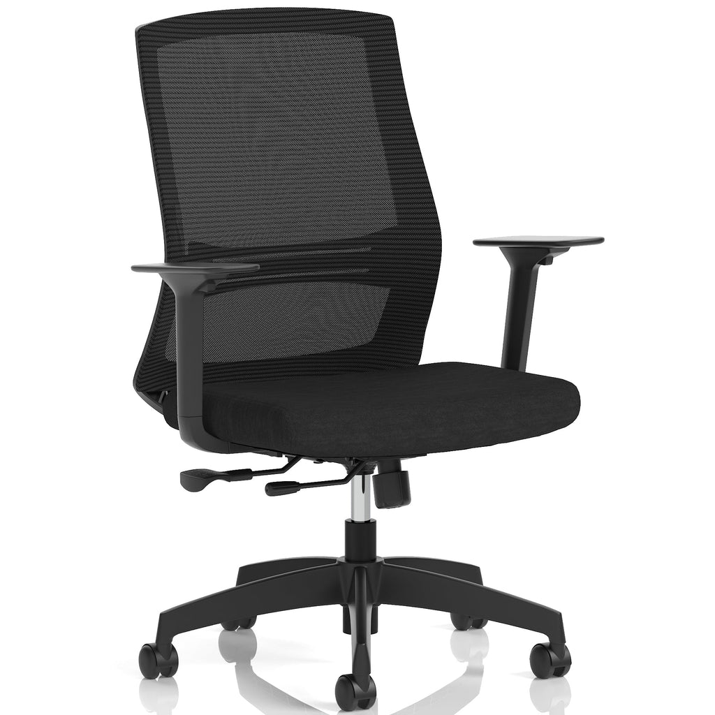 Black office chair with mesh back on a white background