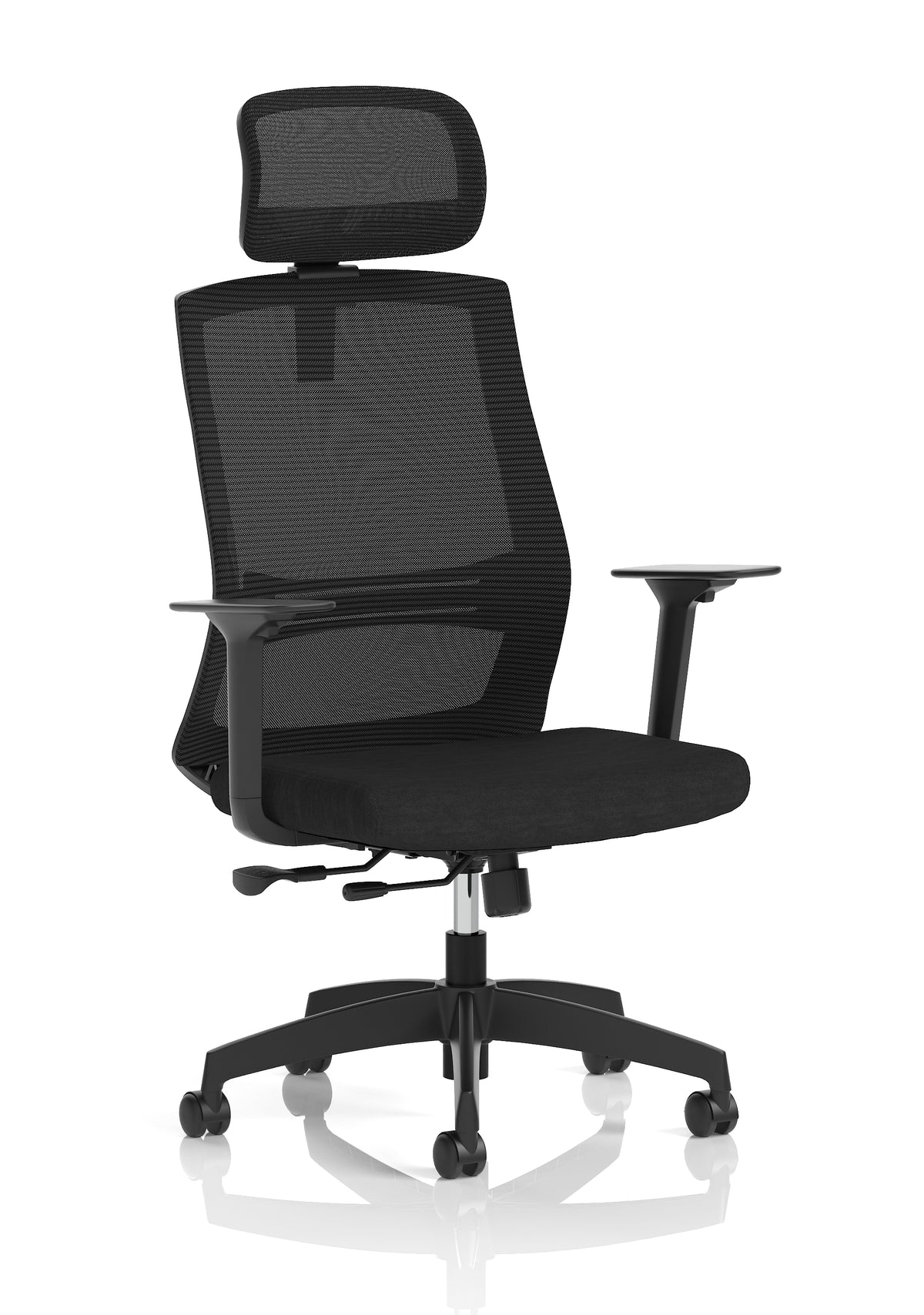 Black office chair with mesh back and headrest on a white background