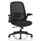 A black mesh office chair with adjustable armrests, a padded seat, and a five-wheel base on a clean white background.