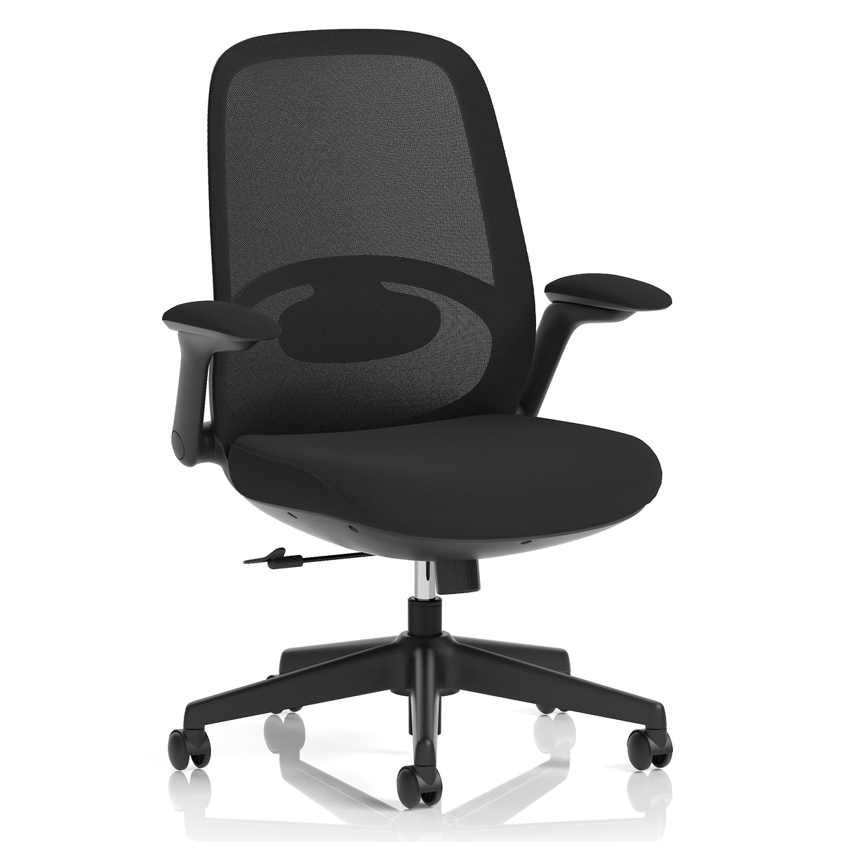 A black mesh office chair with adjustable armrests, a padded seat, and a five-wheel base on a clean white background.