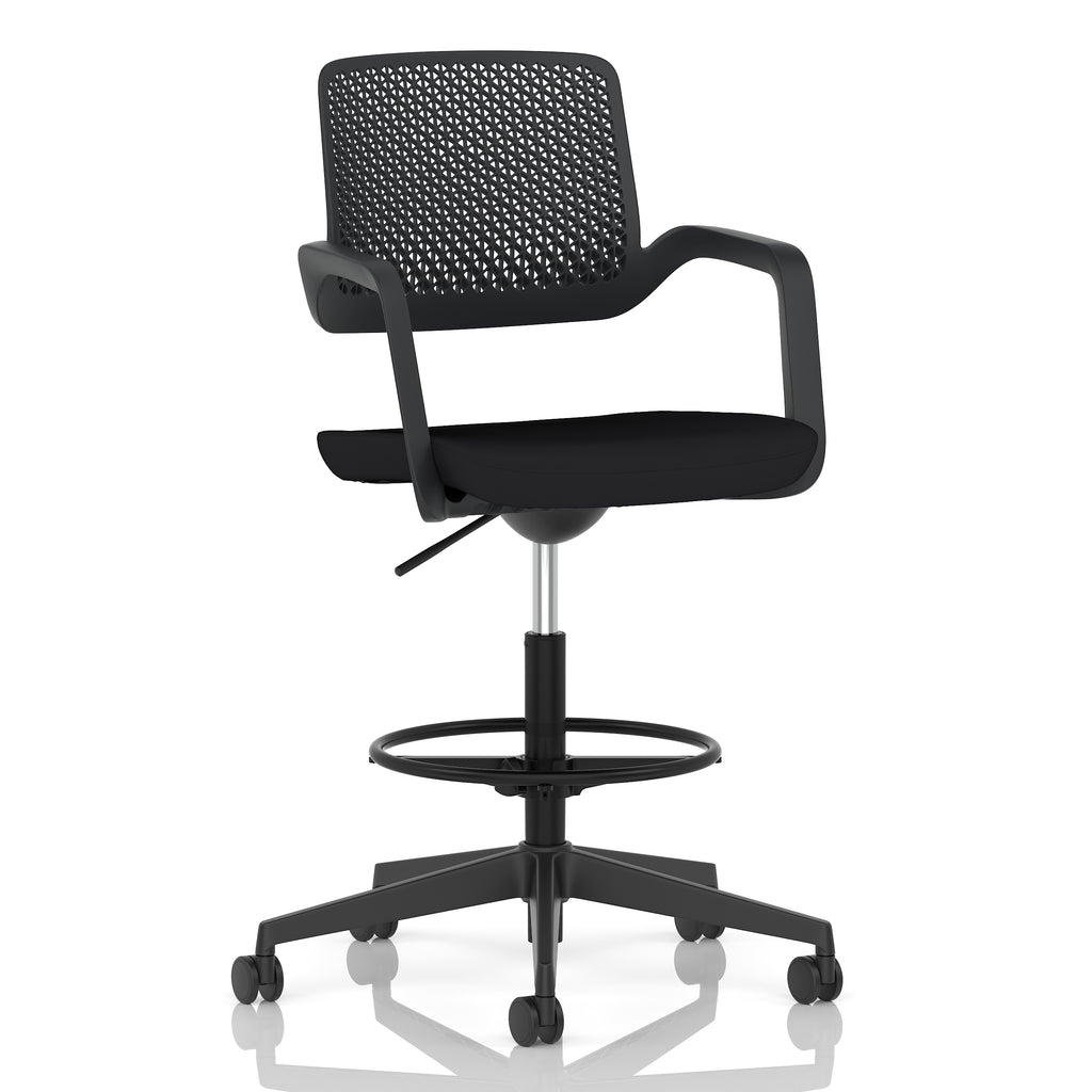 A modern black mesh back office stool with a padded seat, armrests, a circular footrest, and a five-wheel base on a clean white background.