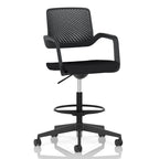 A modern black mesh back office stool with a padded seat, armrests, a circular footrest, and a five-wheel base on a clean white background.