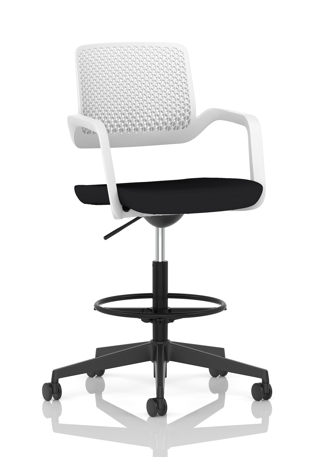 A modern black and white mesh back office stool with a padded seat, armrests, a circular footrest, and a five-wheel base on a clean white background.