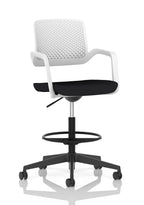 A modern black and white mesh back office stool with a padded seat, armrests, a circular footrest, and a five-wheel base on a clean white background.