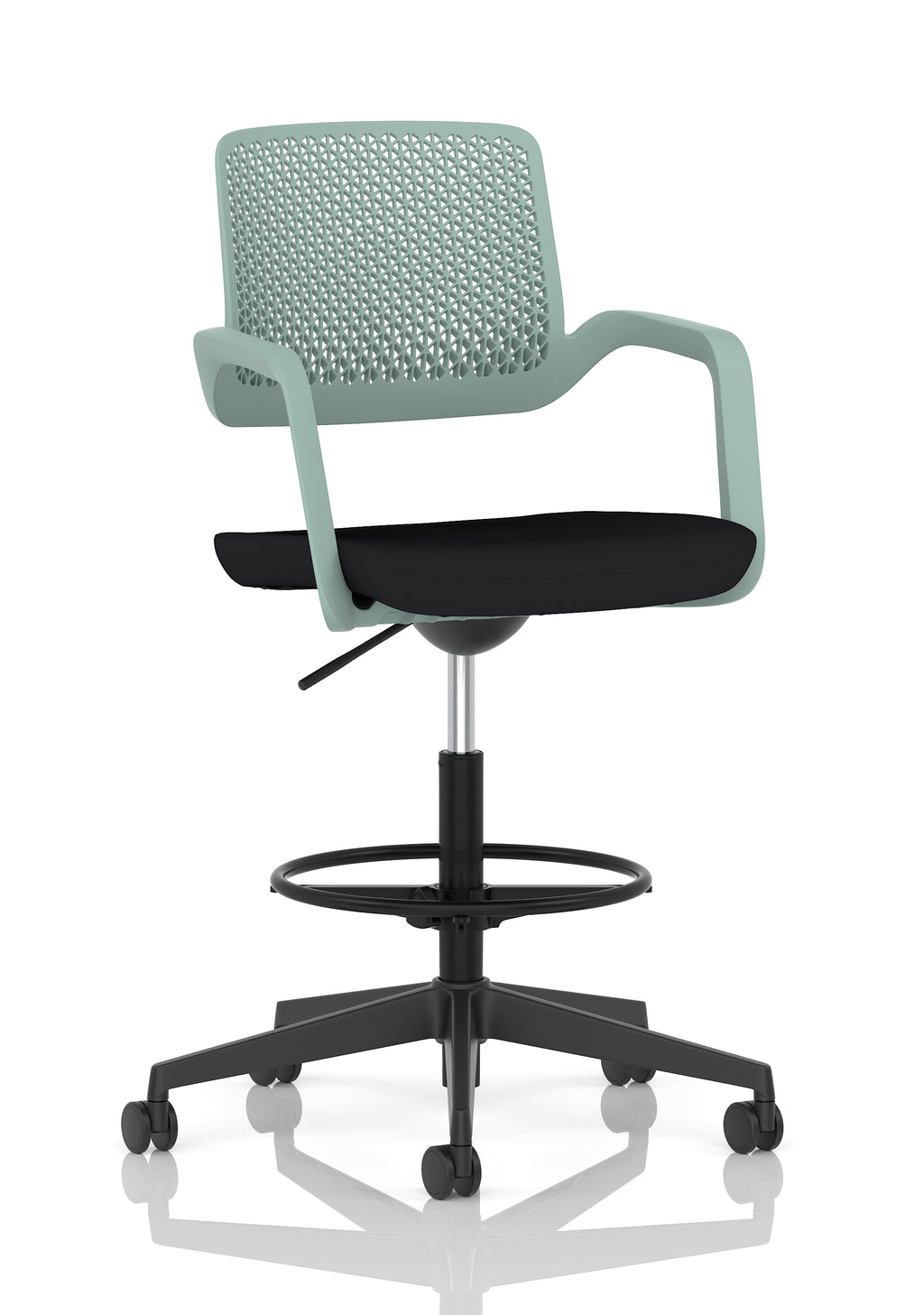A modern black and green mesh back office stool with a padded seat, armrests, a circular footrest, and a five-wheel base on a clean white background.
