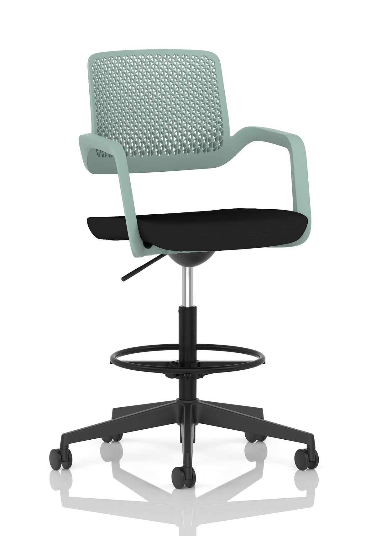 A modern black and green mesh back office stool with a padded seat, armrests, a circular footrest, and a five-wheel base on a clean white background.