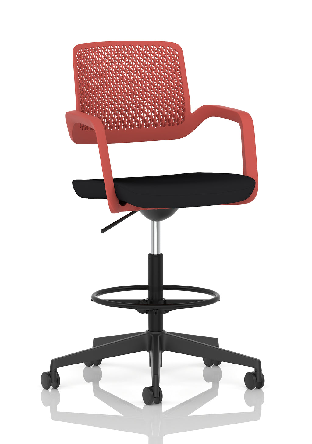 A modern black and red mesh back office stool with a padded seat, armrests, a circular footrest, and a five-wheel base on a clean white background.