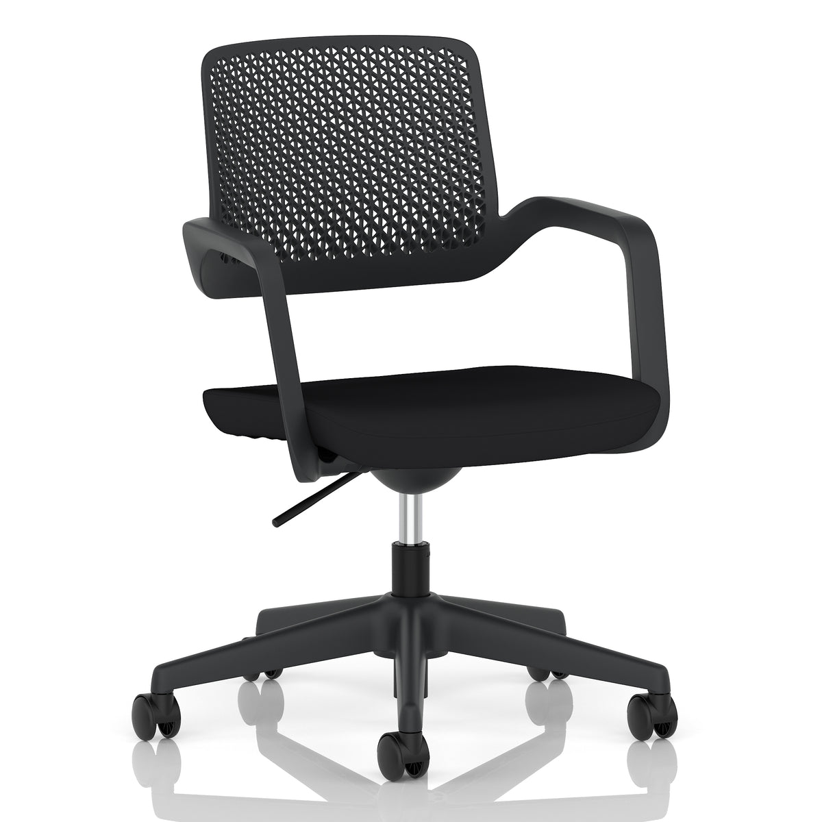 A modern black mesh office chair with armrests, a padded seat, and a five-wheel base, shown on a clean white background with a subtle reflection.