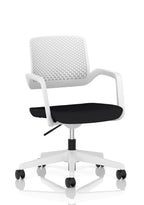 A modern black and white mesh office chair with armrests, a padded seat, and a five-wheel base, shown on a clean white background with a subtle reflection.